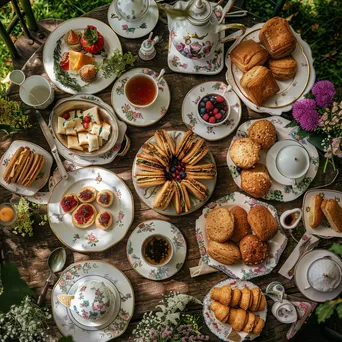 Overhead view of a garden tea party spread with assorted treats. - Image 3