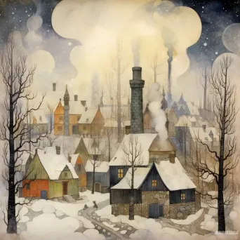 Snow-covered village with smoking chimneys in winter - Image 2