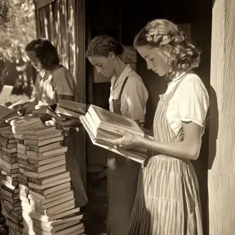 Sepia-toned photograph of village members donating books to establish a community library - Image 2