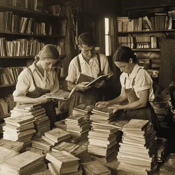 Sepia-toned photograph of village members donating books to establish a community library - Image 4