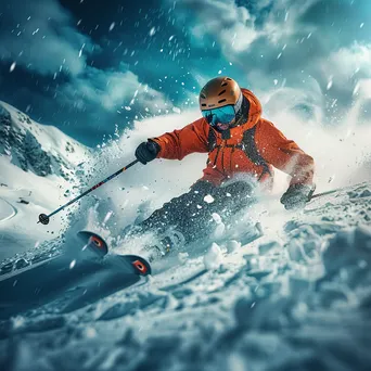 Skier in Motion Through Powder Snow