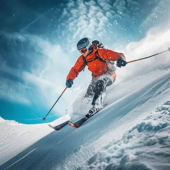 Skier expertly turning through freshly fallen powder snow - Image 3