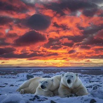 Polar bears resting on a snowy tundra with a dramatic sky - Image 2