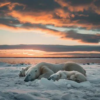 Polar bears resting on a snowy tundra with a dramatic sky - Image 3