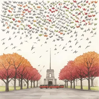 Image of a paper crane mobile over a war memorial, symbolizing wishes for peace and remembrance - Image 1