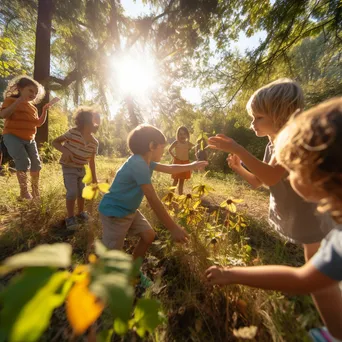 Children on a nature scavenger hunt outdoors - Image 3