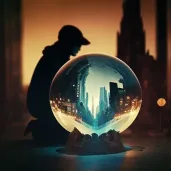 Image of a figure with a glowing crystal ball reflecting a cityscape - Image 1