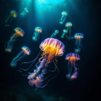 Underwater scene of glowing jellyfish in deep blue waters. - Image 2