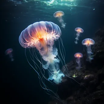 Underwater scene of glowing jellyfish in deep blue waters. - Image 4