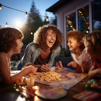 Family enjoying a lively game night with kids laughing around the table. - Image 1