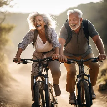 Senior couple cycling on a picturesque trail. - Image 1