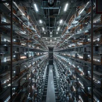 Overview of a cloud computing server farm with illuminated servers and cooling systems. - Image 2