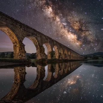 Milky Way over a historic stone bridge with reflections in water - Image 1