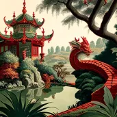 Image of an ornate oriental garden with pagodas, bonsai trees, and a stone dragon statue - Image 4