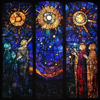 Stained-glass style depiction of magic-infused celestial bodies under a cobalt sky - Image 1