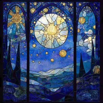 Stained-glass style depiction of magic-infused celestial bodies under a cobalt sky - Image 2