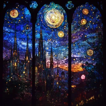 Stained-glass style depiction of magic-infused celestial bodies under a cobalt sky - Image 3