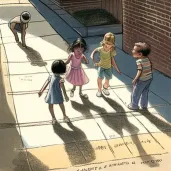 Children playing hopscotch on sunlit sidewalk - Image 1