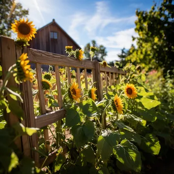 Sunflower field with rustic fences under sunlight. - Image 1