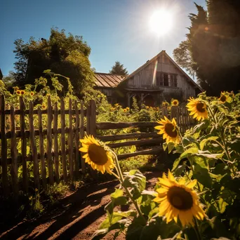 Sunflower field with rustic fences under sunlight. - Image 3