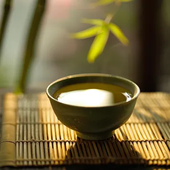 Close-up of brewed green tea with bamboo in the background. - Image 3