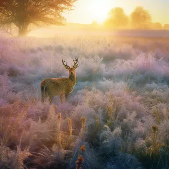 Picture of a dewy meadow with a grazing deer at dawn - Image 3