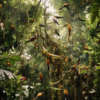 Close-up of jungle canopy with vibrant birds and dense foliage - Image 1