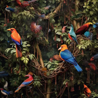 Close-up of jungle canopy with vibrant birds and dense foliage - Image 4