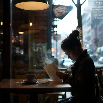 Graduate reading acceptance letter at a coffee shop with coffee - Image 3