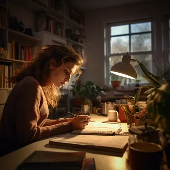 A woman reviewing a planner while making calls in the evening light. - Image 1