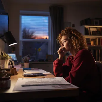 A woman reviewing a planner while making calls in the evening light. - Image 2