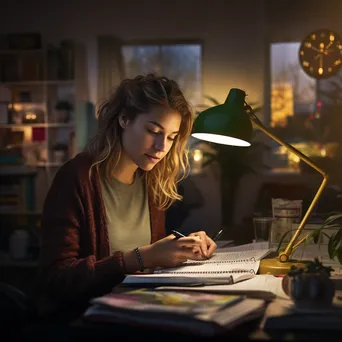 A woman reviewing a planner while making calls in the evening light. - Image 3