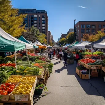 Urban farmers market with vendors and shoppers in a vibrant setting - Image 4