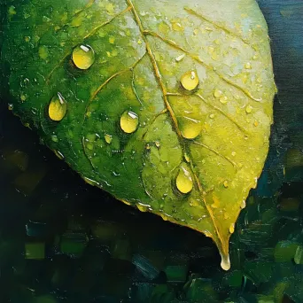 Colorful minimalistic oil painting focusing on a single raindrop on a leaf - Image 3