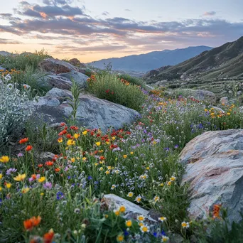 Panoramic view of wildflowers on mountain slopes at dawn - Image 1