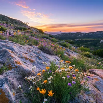 Panoramic view of wildflowers on mountain slopes at dawn - Image 3