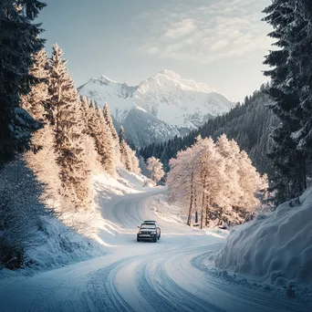 Snow-covered mountain pass with vehicle and icy trees - Image 1