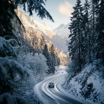 Snow-covered mountain pass with vehicle and icy trees - Image 3