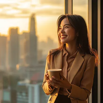 Office worker enjoying coffee while standing by a window with a city skyline - Image 1