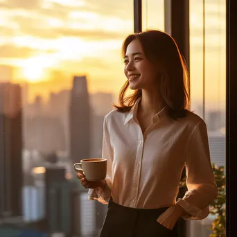 Office worker enjoying coffee while standing by a window with a city skyline - Image 3