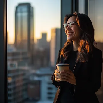 Office worker enjoying coffee while standing by a window with a city skyline - Image 4