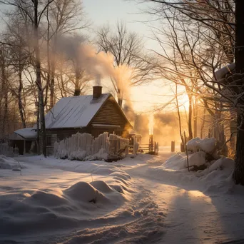 Snow-covered sugar shack surrounded by maple trees in winter - Image 1