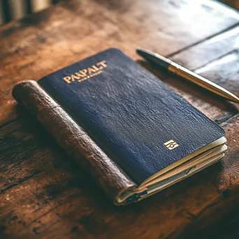 Close-up of a travel journal and passport on a wooden table - Image 4