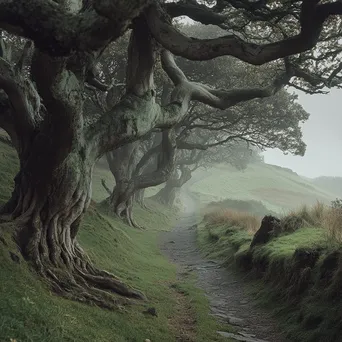 Ancient tree path with twisted trees against misty hills - Image 2