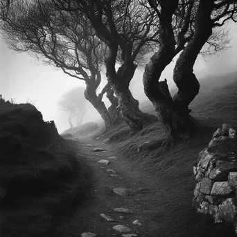 Ancient tree path with twisted trees against misty hills - Image 3