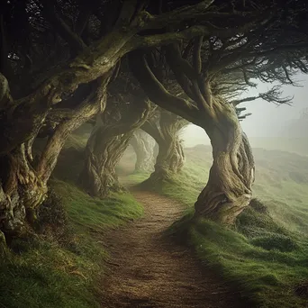 Ancient tree path with twisted trees against misty hills - Image 4