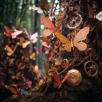 Clockwork forest with mechanized trees and metallic butterflies - Image 1