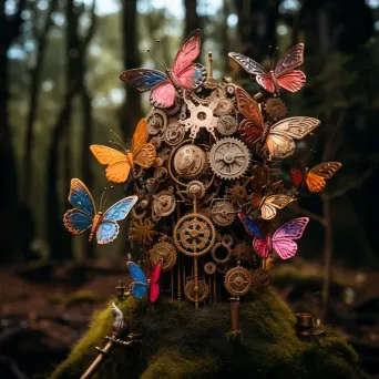 Clockwork forest with mechanized trees and metallic butterflies - Image 4