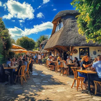 Lively tavern with thatched roof and outdoor patrons - Image 1