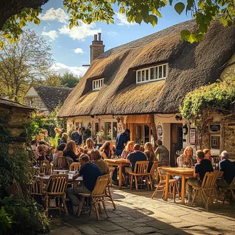 Lively tavern with thatched roof and outdoor patrons - Image 2